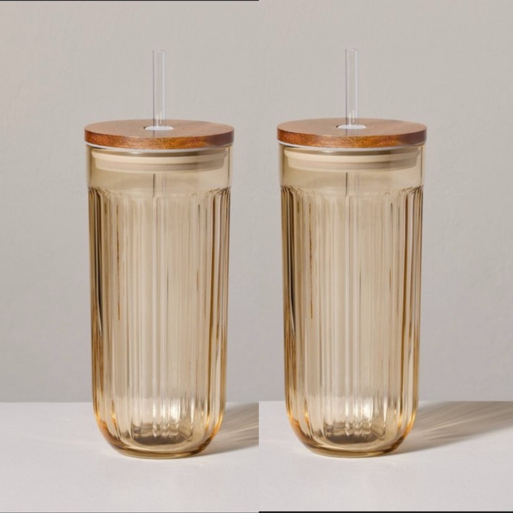 - 21oz glass tumbler wood lid, hearth & hand with Magnolia, set of 2